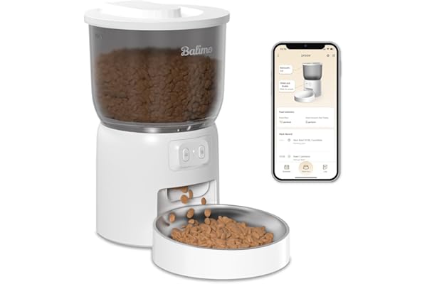 Balimo Distributeur Croquettes Chat Automatique, 3L 2.4G WiFi Distributeur De Croquettes pour Chat, 1-10 Repas par, Convient Aux Chiens et Chats, Blanc