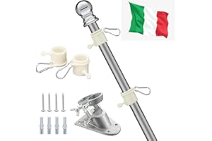 HARRMS Asta per bandiera, 1,5 m, con bandiera italiana, kit con supporto in alluminio, asta per bandiera in acciaio inox, per giardino, esterno, tetto, pareti, cortile