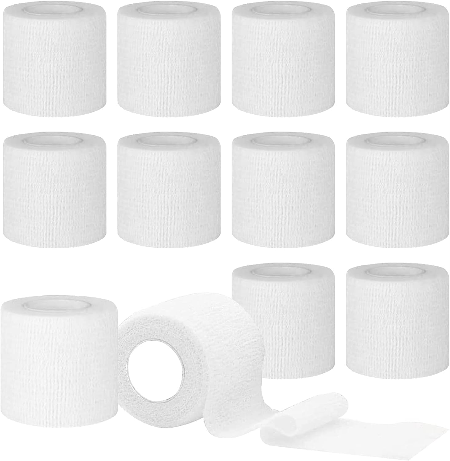 12 Rolls Self Adhesive Bandage Tape, 5cm x 4.5m Elastic Cohesive Bandages Sock Football Wrist Finger Tape, Vet Wrap for Dogs, Horses, Pets (White)