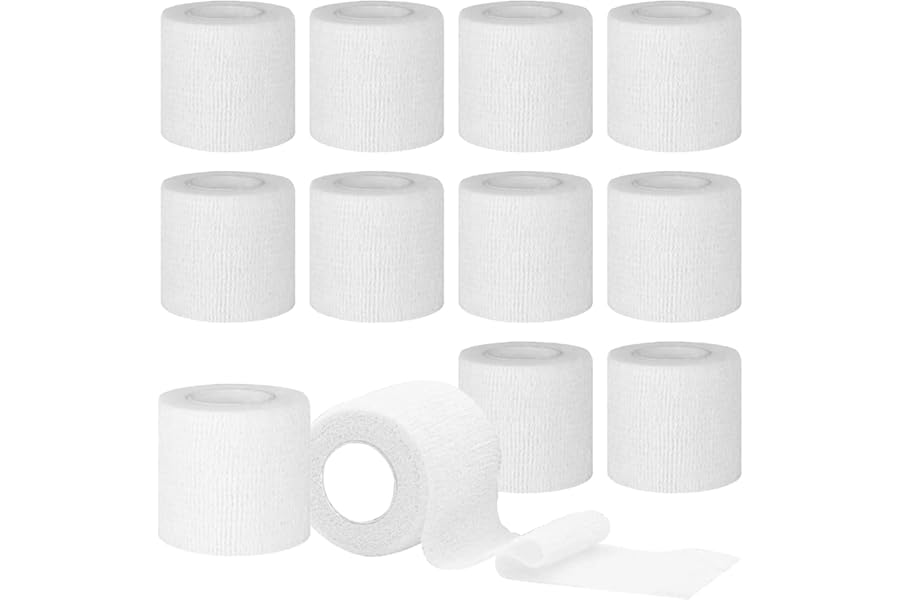 12 Rolls Self Adhesive Bandage Tape, 5cm x 4.5m Elastic Cohesive Bandages Sock Football Wrist Finger Tape, Vet Wrap for Dogs, Horses, Pets (White)