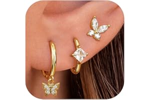 JeweBella 3 Paires Boucles d'Oreilles Femme Argent 925 Plaquées Or 14K Créoles Boucles d'oreilles Zircon Papillon Piercing Oreille Cartilage Boucles d'oreilles Femme Or pour Piercings Multiples
