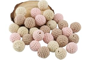 ARTLATU 30stk Häkelperlen Bunt 20mm Gehäkelt Holzperlen Runde Gehäkelte Perlen mit Loch zum Auffädeln Handgefertigt Natur Holzkugeln für DIY Schmuck Dekorationen Halskette Armband