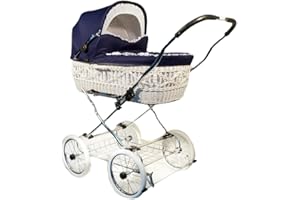 EICHHORN Kinderwagen Weidenkorb - Kinderwagen aus echter Weide, handgeflochten, Korb Weiß, Stoff Marine