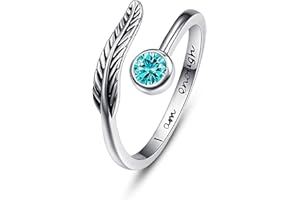 PRAYMOS Birthstone Adjustable Open Feather Ring 925 Sterling Silver Birth Stone Ring Jewelry Gift Birthday Gift for Mom Women Wife Girls
