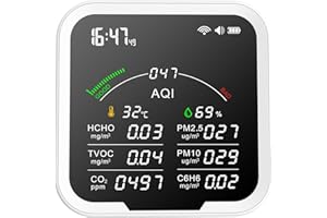 Irfora Przenośny miernik jakości powietrza HCHO/TVOC/CO2/PM2,5/PM10/AQI/C6H6 tester temperatury i wilgotności powietrza 4,8 cala, duży ekran detektora dwutlenku węgla z wyświetlaczem czasu i funkcją