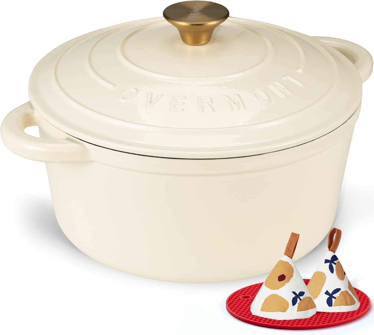 Overmont Olla de Hierro Fundido Esmaltado - Cacerola Holandesa Redonda Ø26 CM con Tapa - Dutch Oven Antiadherente para Guisar Cocinar Hornear - Cazuela Aptas para Inducción - 5,2L Blanco