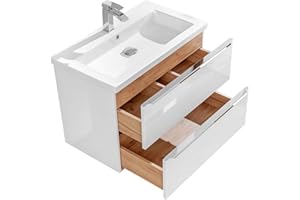 Lomadox Badmöbel Waschtisch-Unterschrank Set 80cm, Hochglanz weiß, Keramik-Waschbecken, 2 Soft-Close-Schubkästen