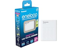 Ładowarka Panasonic eneloop SmartPlus USB Travel do 1–4 akumulatorów AA/AAA Ni-MH z wyjściem USB i 10 funkcjami bezpieczeństwa, w zestawie z 4 akumulatorami eneloop AA/Mignon, min. 2000 mAh