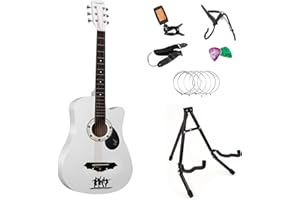 Crystals Acoustic Guitar Full Package Pack with Accessories - 4/4 Size 38" Classic 6 Strings (White + Guitar Stand)