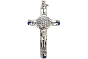 GTBITALY 10.674.31 ms Croce di San Benedetto Argento con Smalto Mosaico con Anello 8 cm esorcista esorcismo Blu