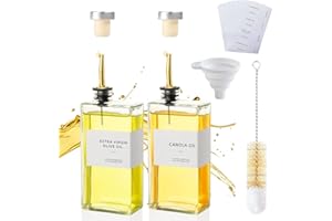 AARCYYE 500ml Bouteille Huile Olive Set, Lot de 2 Bouteille Distributrice d'Huile d'Olive pour Cuisine, Verre Distributeur Récipient à Condiments Liquide avec Bec Verseur, avec Entonnoir, Autocollants(Carré)
