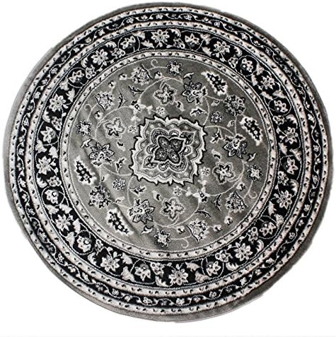 HLS Rugs Round Classic Oriental Design Persian Style Floral Traditional Circular Rugs/Mat, Grey - 133 x 133cm