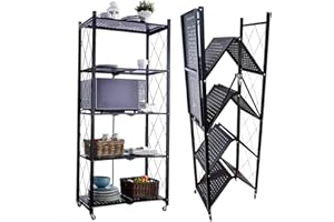 STREND PRO Scaffale Salvaspazio Pieghevole con Ruote, Scaffale Portaoggetti a 5 Ripiani, Capacità di Carico 250 kg, Scaffale Metallo Garage Nero, Scaffale Cucina e Ufficio Pieghevole