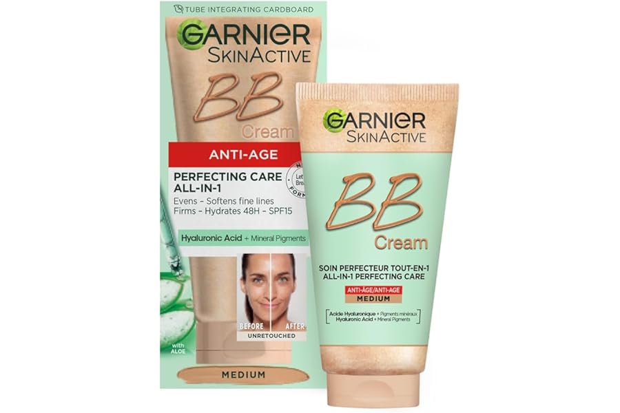Garnier SkinActive Anti-Age BB Cream, Shade Medium, Tinted Moisturiser SPF 15, Softens Fine Lines & Firms Skin, With Hyaluronic Acid, Aloe & Mineral Pigments, 50 m