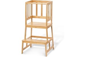 ‎COSYLAND COSYLAND Lernturm Aktualisierter Schemel aus Bambus mit Sicherheitsschiene, Lernstuhl mit rutschfeste Matte für Kleinkinder 18 Monate bis 3 Jahre alt für Küche- Badezimmer-Counterlernen