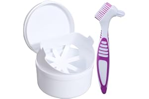 bcenyaz Denture Bath Box with Basket - False Teeth Complete Clean Care Case Clear Braces Night Guard & Retainers for Travel Cleaning or Overnight Soaking A Free Brush（White）