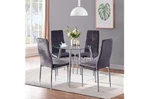 GOLDFAN Modern Chrome Metal Round Glass Dining Table and 4 Stylish Velvet Dining Chairs 5PCS Dining Room Kitchen Table Sets,90CM/Grey