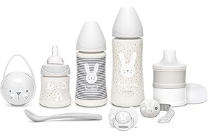 SUAVINEX Premium Set for Newborn Baby Bottle 150 ml + 270 ml + 360 ml + Milk Dispenser + Dummy Physiological Silicone Teat for Babies - 2-4 Months + Dummy Chain + Spoon, Grey