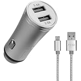 Hytech HY-X62 3.4A Fast Charging Micro USB Wired 2 USB Metal Car Charger, Silver
