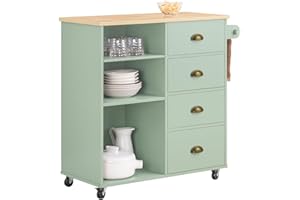 SoBuy Carrello da Cucina con 3 Scomparti e 4 Cassetti Isola da Cucina Carrello da Portata Mobile Verde 90x40x88cm FKW127-GR