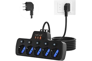 AONOKA Ciabatta Multipresa con Interruttori Indipendenti,5 Posti Polivalenti Schuko Bipasso 10/16A,Prese Multiple Elettriche Salvaspazio,Presa Elettrica Angolate 45°,Spina Ita Grande 16A,Cavo 1,5 Metri,Nero