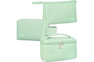 Linpr 3 Pièces Trousse Maquillage Femme, Grande Trousse de Toilette Voyage pour Fille, Trousse de Maquillage Rayée en Cuir PU, Jolie Pochette de Maquillage pour Femmes et Filles