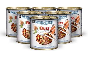 ‎BUSS Buss klassischer Bohneneintopf texanischer Art - Pikanter Suppentopf mit Chili Bohnen, Jagdwurst und Karotten - Lang haltbare Fertiggerichte zum Aufwärmen in Mikrowelle & Topf - 6 x 800g