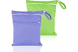 Heyu-Lotus 2 Packs Wet Dry Bags, Waterproof Reusable Cloth Diaper Nappy Bags with Double Zipper Pockets for Baby Items Wet Clothes Swimming Gym Beach (Purple+Green)