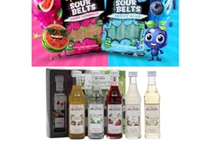 ADELKOS Monin cocktail Syrup gift set (5x5cl each) Mint, Coconut, Passion Fruit, Elderflower, Strawberry and Gift pack 2x12strips Sour Belt Watermelon, BlueBerry