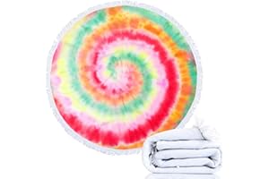 Queenshin Grande Taille Coloré Tie-Dye Serviettes de Plage Rondes Anti-Sable, Adultes Microfibre Couverture de Voyage Couverture Pique Nique, 150 cm