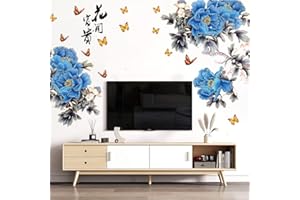 Tanlaby Blaue Pfingstrose Wandtattoo Große Blüte Wandsticker Schmetterlings Blumen Wandaufkleber für Wohnzimmer Schlafzimmer Büros Sofa Hintergrund Hause Wanddekoration