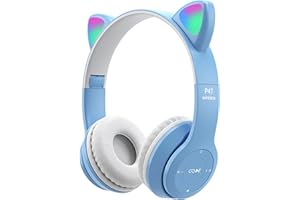 kieyeeno Cuffie per Bambini Senza Fili Stereo, Bluetooth Cuffie Adulti Orecchie di Gatto da Gioco con Microfono,Over-Ear Cuffie FM LED RGB Micro SD per Scuola Tablet Viaggio Blu