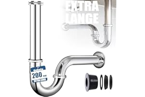 GEKUFA Sifón universal 【Tubo de inmersión extra largo 200 mm 】 Sifón de baño lavabo baño G1-1/4 pulgadas acero inoxidable sifón tubo de desagüe sifón tubo desagüe desagüe desagüe incluye manguito de goma