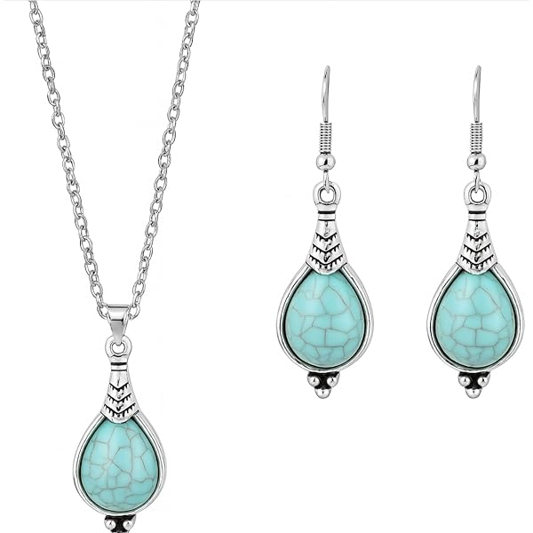 Parure De Bijoux Turquoise Bleu (Collier & Boucles D'Oreilles) - Forme Larme - Métal Argenté - Neuf Avec étiquettes