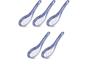 LATRAT Cucharas de porcelana de 5 piezas Cucharas de sopa chinas Cuchara de cerámica, cuchara de sopa Cuchara de porcelana azul y blanca, cuchara de postre aperitivo cubiertos