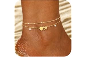 FUNEIA Bracelet Cheville Femme Or Chaine de Cheville Initiales Coeur Bracelet Cheville Imperméable Réglable Avec Zircones Ensemble Chaine Été Chaine de Pied Bijoux Femme Fille
