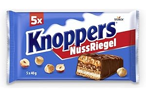 ‎KNOPPERS Knoppers NussRiegel – 1 x 200 g (5 Riegel) – Schokoriegel mit Milch- und Nougatcreme, Haselnüssen, Karamell und Vollmilchschokolade