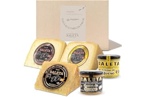 Amaisso® Cesta Quesos Gourmet Regalo - Queso Oveja de La Mancha - 3 Cuñas Quesos Curado, Semicurado y Añejo y 2 Tarros Crema de Queso para untar - Surtido de quesos (Pack Premium 1Kg) Saleta