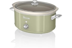 Swan Retro SF17031GN Olla Cocción Lenta 6,5L Recipiente Extraíble, Antiadherente Cerámica libre PFOA y PTFE, 3 Niveles Temperatura, Tapa Vidrio, Slow Cooker, Diseño Vintage, Verde, 320W