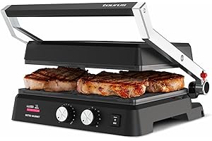 Taurus - Grill Bistro 2600W | 2 en 1: Grill y Plancha | 29x23 cm | Placas con Stair System | Dual Heat Tech | Revestimiento Antiadherentes sin PFOA | Bandeja Recogegrasas | Timer de hasta 30 Minutos