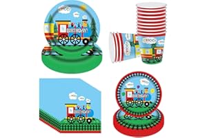 SWZY 64Pcs Zug Party Geschirr Set Zug Geburtstag Partygeschirr Zug Thema Party Teller Einschließlich Becher Servietten Für Geburtstagsfeier Geschirr Party Abendessen -Geeignet Für 16Kinder