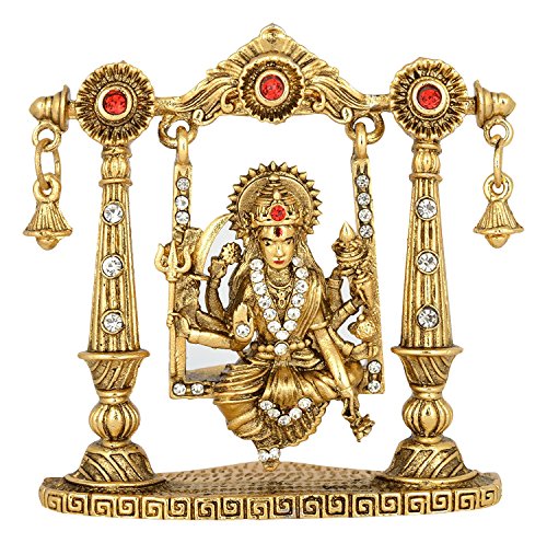 GCT Goddess Maa Durga Sherawali MATA Idol on Jhula Metal Statue for Car Dashboard | Mandir Pooja Murti | Temple Puja | Home Decor | Office Showpiece (Gold)