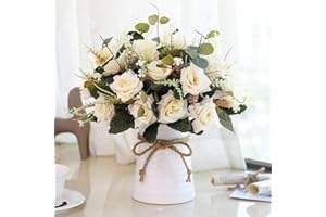 LESING Flores Artificiales Rosas de Seda con Modernos Ceramica Jarrones de Flores para 3 Piezas Rosas Ramo de Novia para Centro de Mesa Decoración - champán