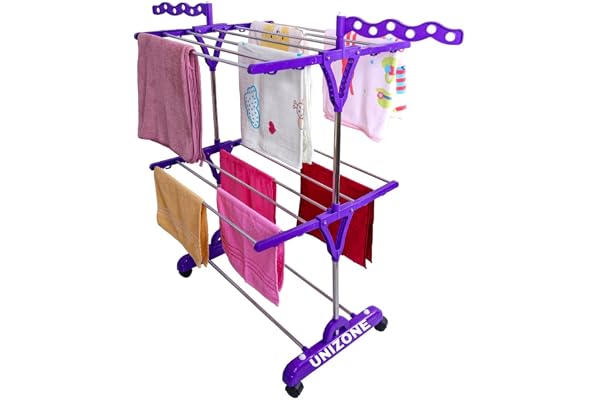 UNIZONE Premium Foldable Cloth Drying Stand Single Pole, 2-Tier with Wavy Side Wings & Kite Connectors Stainless Steel Laundry Rack for Indoor Outdoor Balcony Use (Purple)