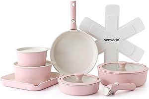 SENSARTE Set de Casseroles et Poêles 17 Pièces - Revêtement Céramique Antiadhésif Sans PFAS - Batterie de Cuisine pour Induction/Gaz, Poignées Amovibles, Empilable et Lavable Lave-Vaisselle