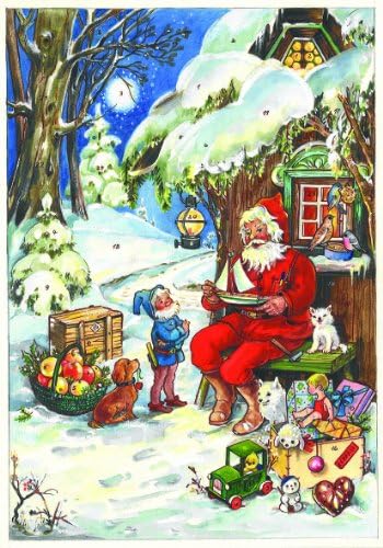 Advent Calendar 24 doors 297 x 210 mm - Snow Scene Santa Claus - with glitter and translucent windows - RS802 - traditional antique German Design