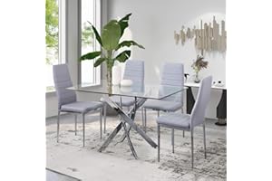 GOLDFAN Goldan - Tavolo e 4 sedie, tavolo da pranzo rettangolare, tavolo da cucina da salotto, tavolo in vetro moderno, sedia in pelle, grigio