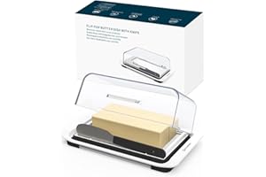 KITCHENDAO Airtight Flip-Top Butter Dish with Lid and Knife Spreader for Countertop and Refrigerator, Butter Keeper, Plastic Butter Holder Tray for 2 Sticks East Coast/ West Coast/ Kerrygold Butter