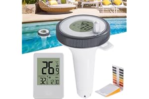 Termometro Piscina, TGKYK Termómetro de Piscina con Temperatura Ambiente, Función Reloj, Papel PH, Termómetros para Piscinas Digital Inalámbrico, Termómetro Piscina Flotante para Piscina, Estanque