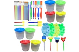 Fycooler Niños Esponja Pintura Cepillos Kit-4 Colores Botes de Pintura a Prueba de Derrames con Tapas y 46 Piezas Colores Surtidos Pinceles de Pintura para Niños Cepillos de Pintura de Esponja